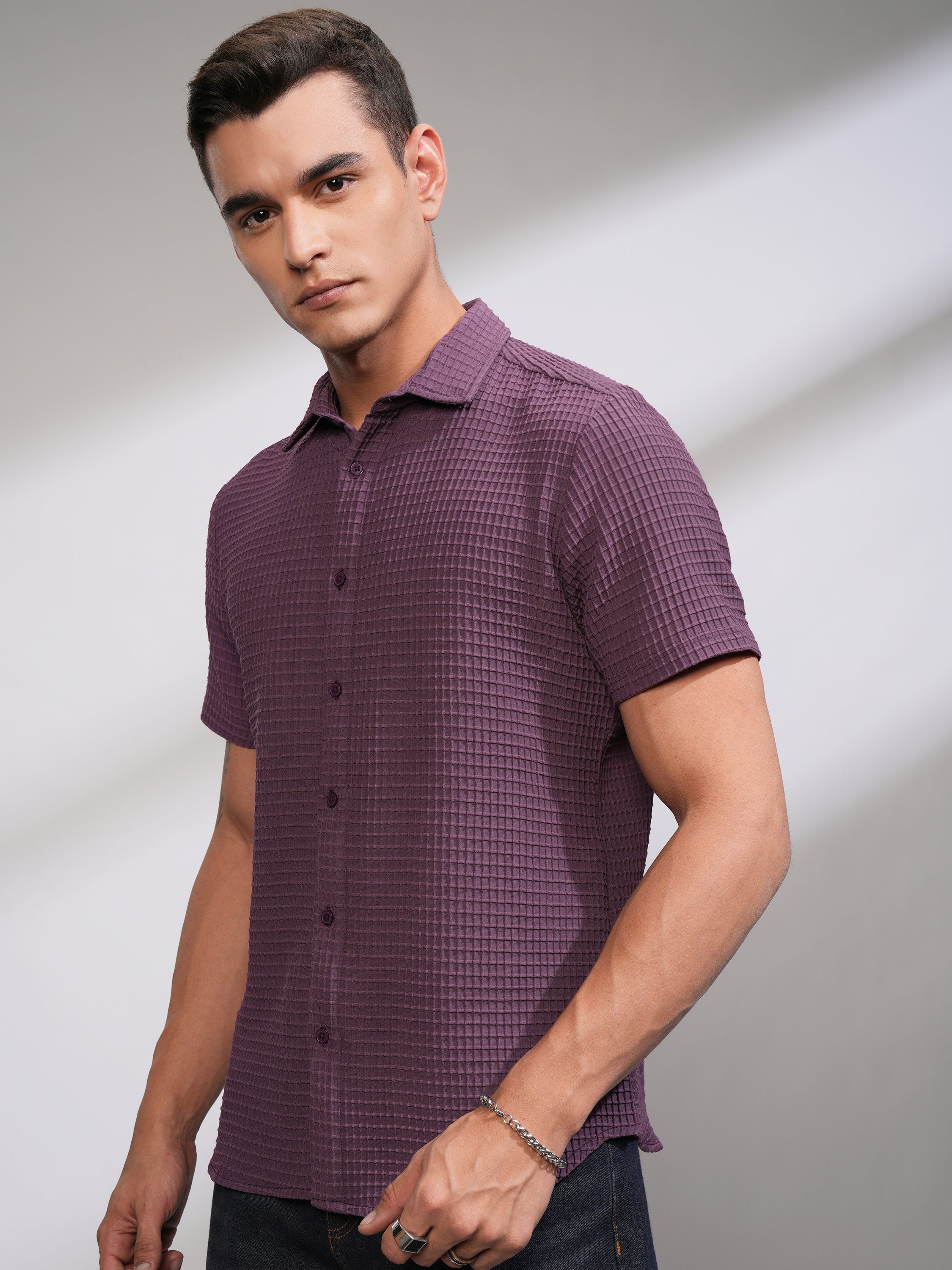 Highlander Men Purple Self Design Regular Fit Casual Shirt - Purple - Image 4