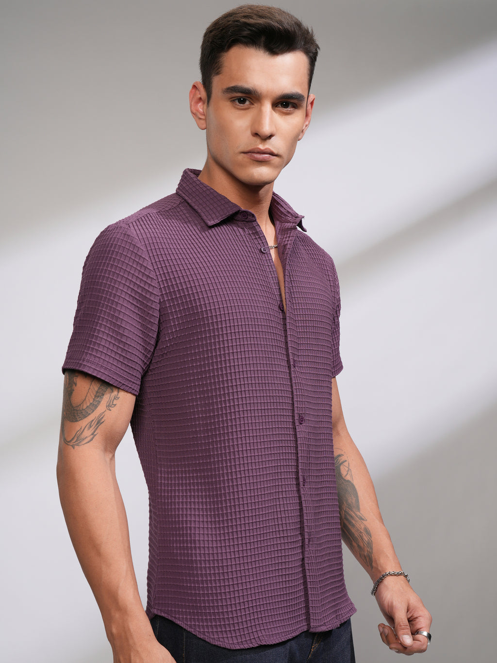 Highlander Men Purple Self Design Regular Fit Casual Shirt - Purple - Image 6