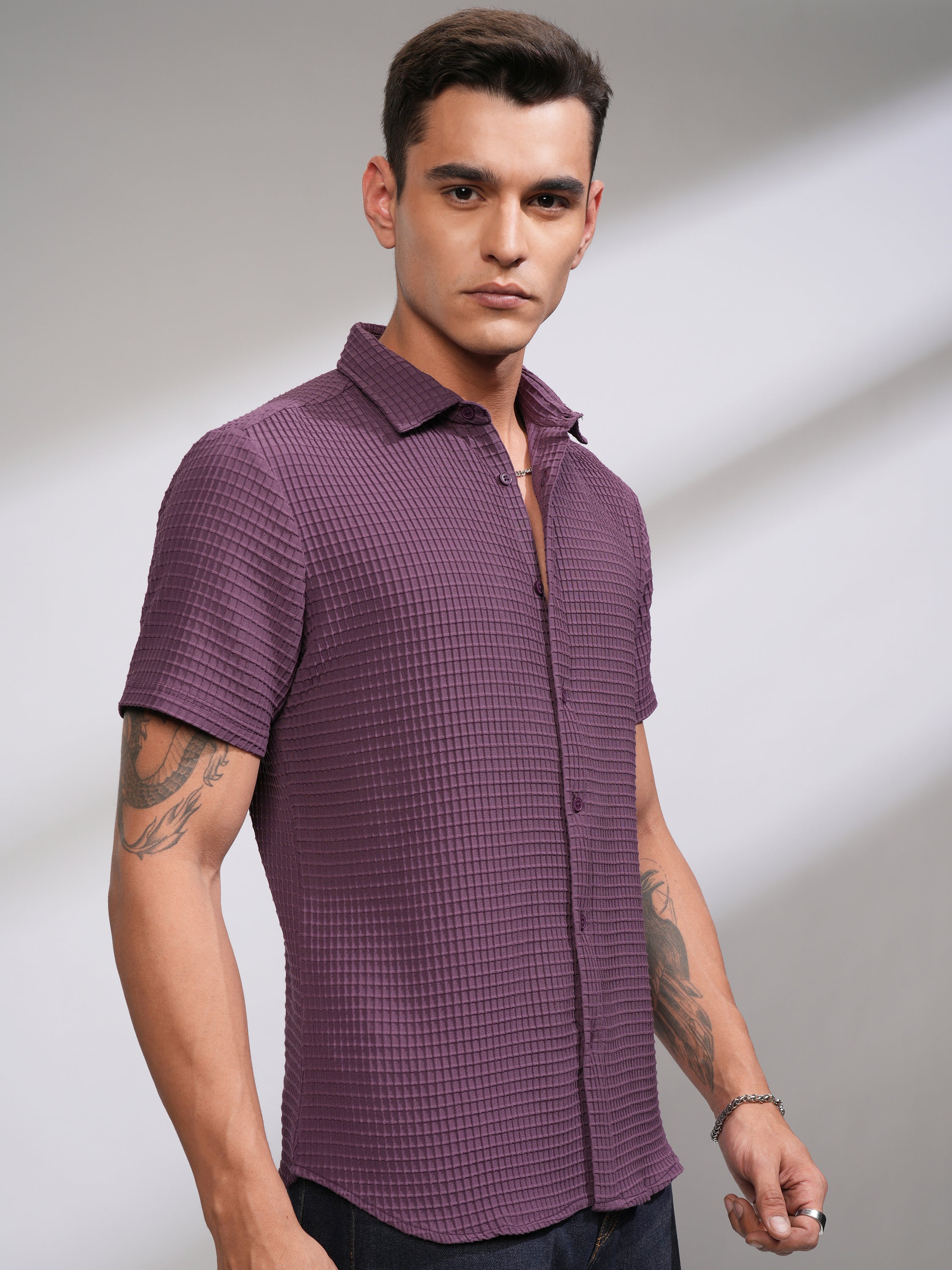 Highlander Men Purple Self Design Regular Fit Casual Shirt - Purple - Image 6