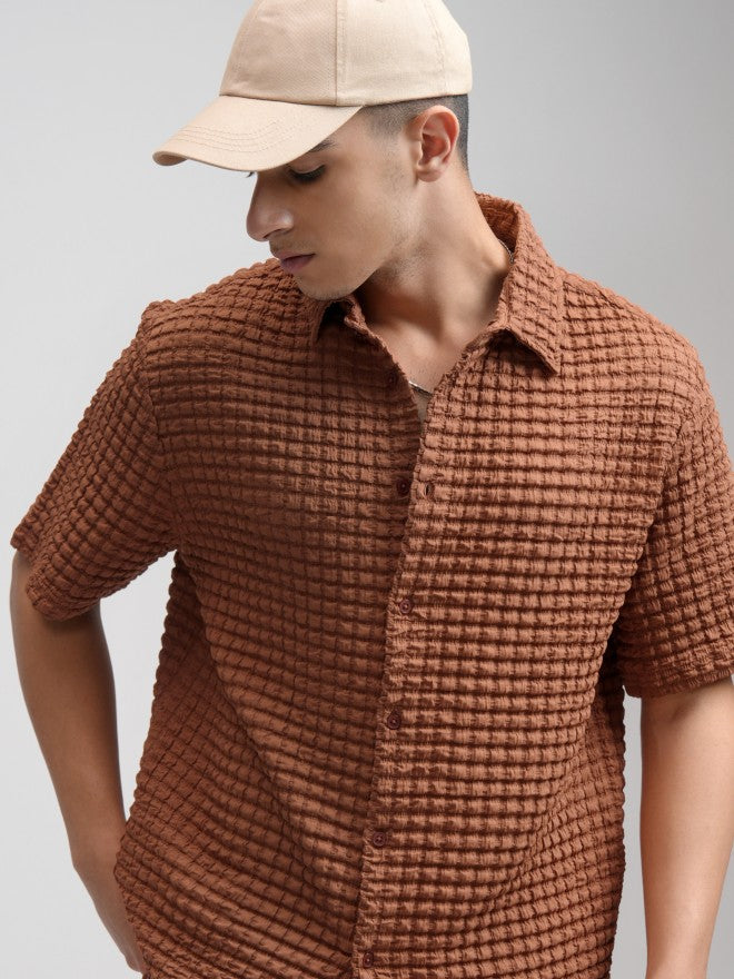 Highlander Men Rust Textured Relaxed Fit Casual Shirt - Rust - Image 1