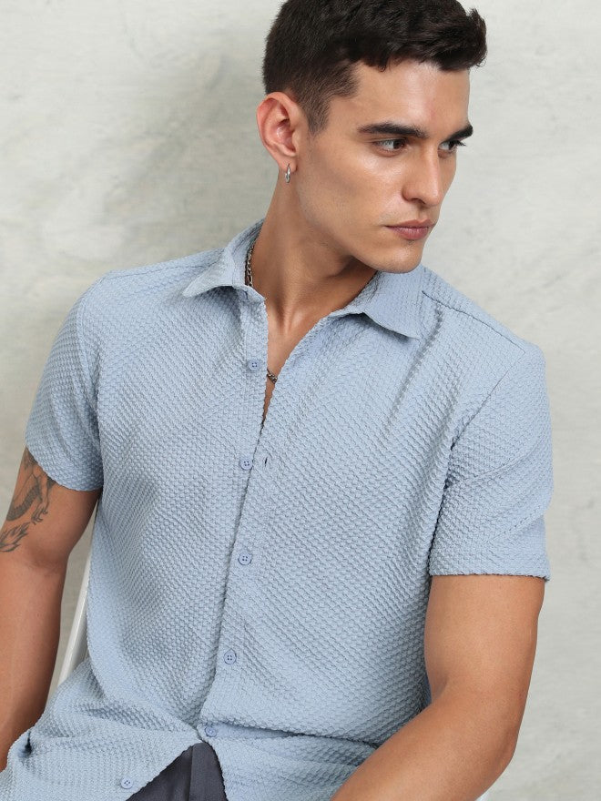 Highlander Men Blue Self Design Regular Fit Casual Shirt - Blue - Image 1