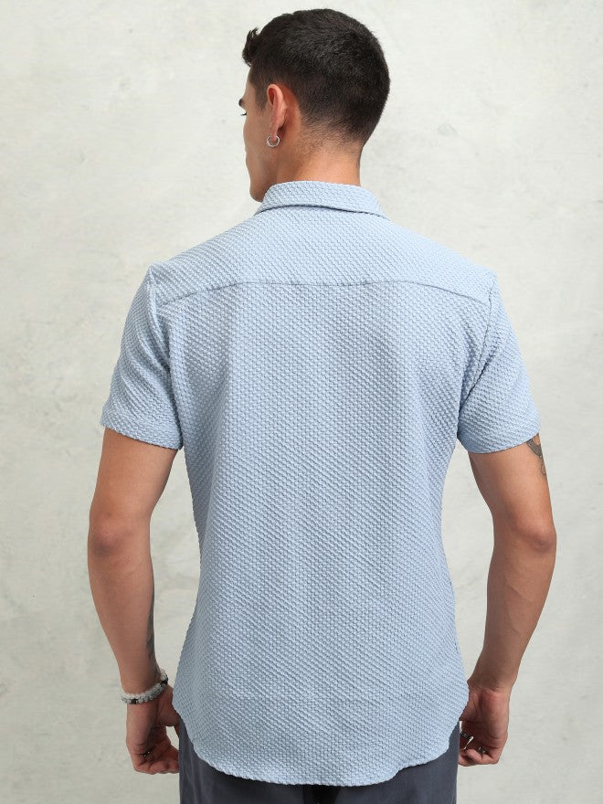 Highlander Men Blue Self Design Regular Fit Casual Shirt - Blue - Image 3