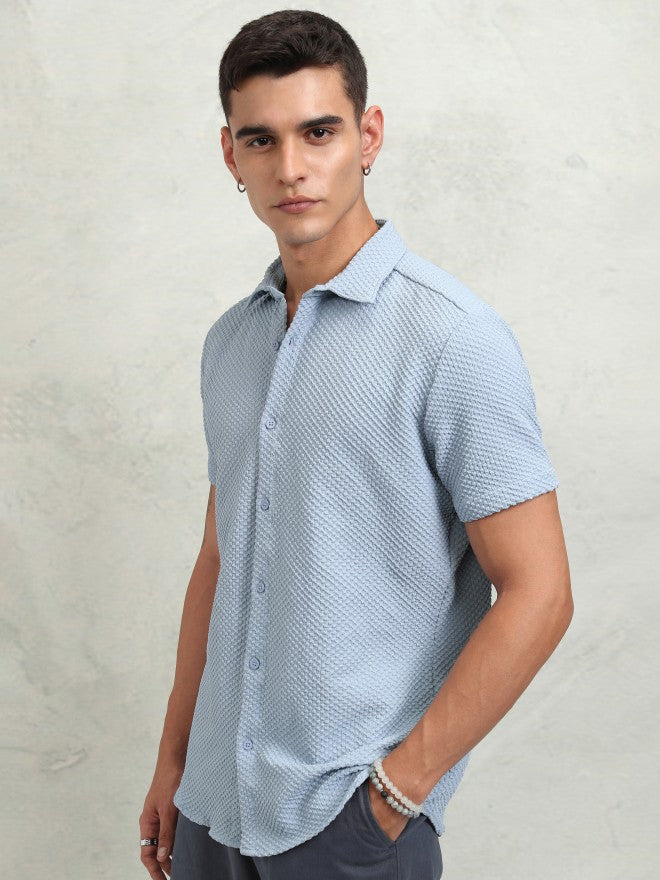 Highlander Men Blue Self Design Regular Fit Casual Shirt - Blue - Image 4