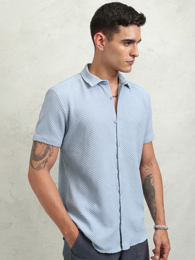 Highlander Men Blue Self Design Regular Fit Casual Shirt - Blue - Image 6