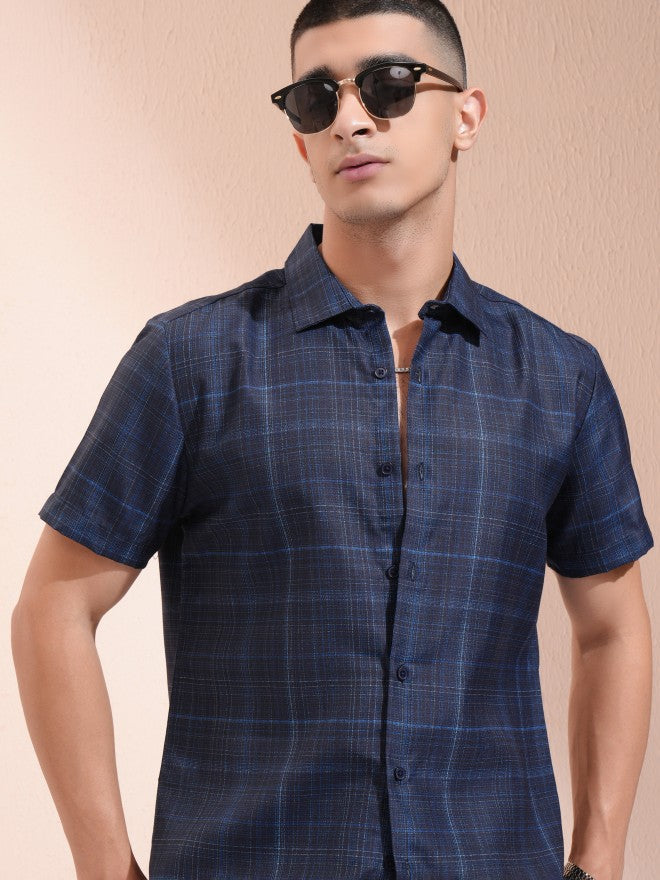 Highlander Men Navy Blue Checked Slim Fit Casual Shirt - Navy Blue - Image 1