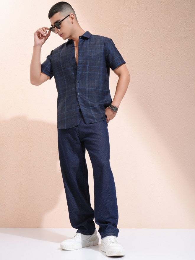 Highlander Men Navy Blue Checked Slim Fit Casual Shirt - Navy Blue - Image 2