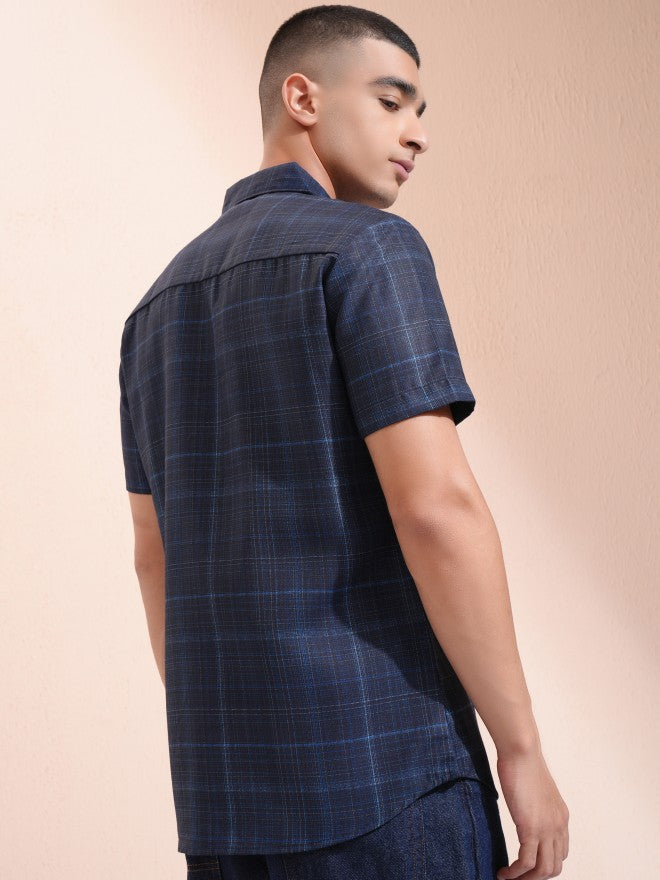 Highlander Men Navy Blue Checked Slim Fit Casual Shirt - Navy Blue - Image 3