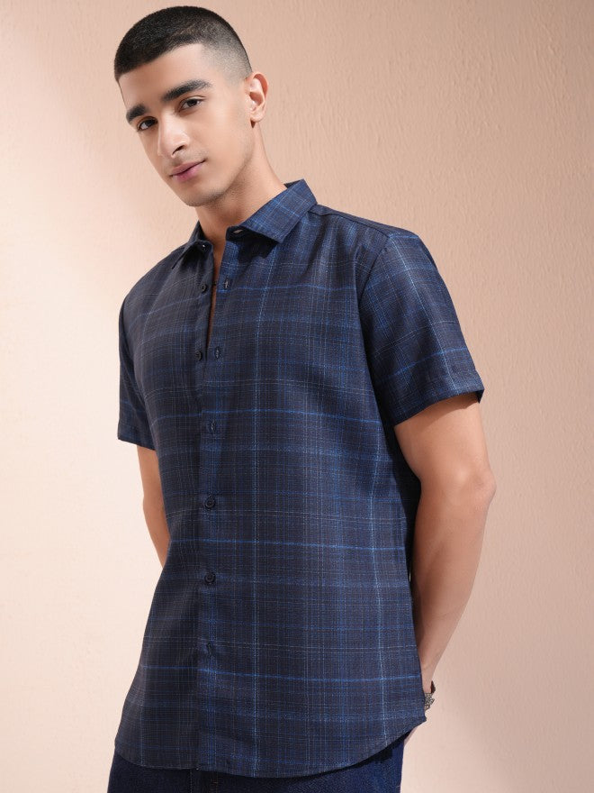 Highlander Men Navy Blue Checked Slim Fit Casual Shirt - Navy Blue - Image 4