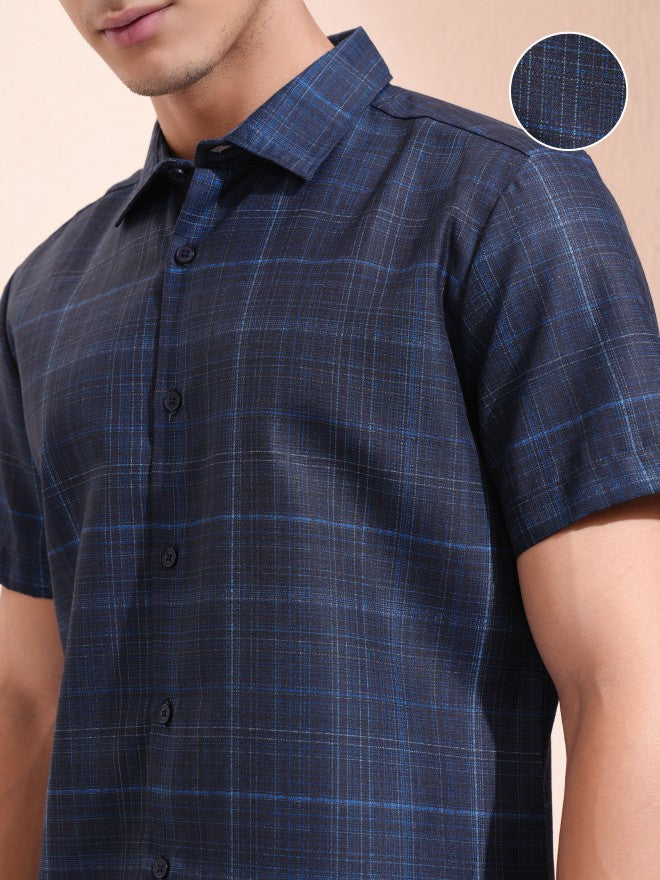 Highlander Men Navy Blue Checked Slim Fit Casual Shirt - Navy Blue - Image 5