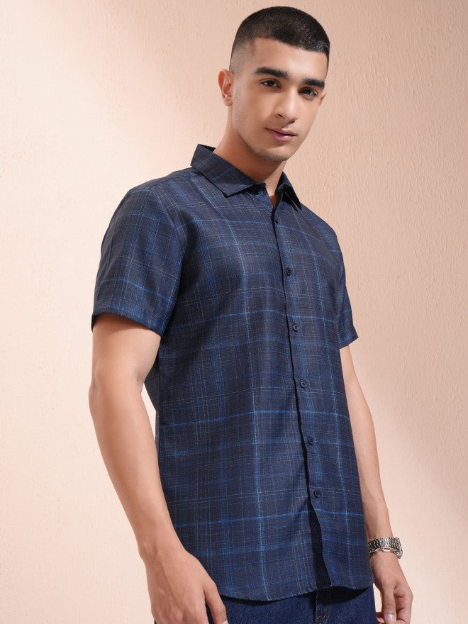 Highlander Men Navy Blue Checked Slim Fit Casual Shirt - Navy Blue - Image 6