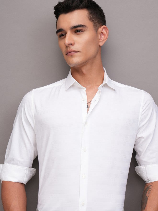 Highlander Men White Striped Slim Fit Casual Shirt - White - Image 1