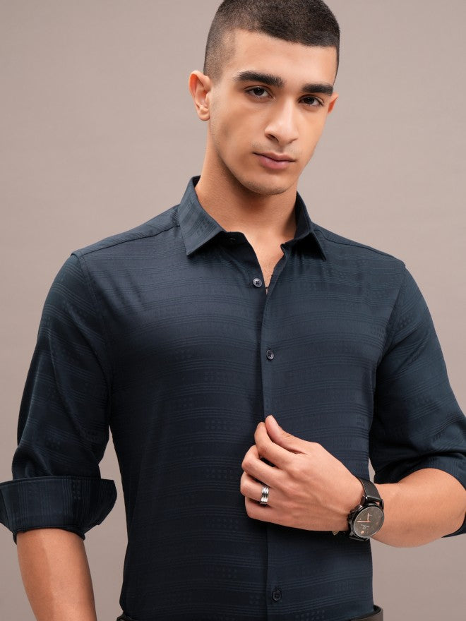 Highlander Men Navy Blue Striped Slim Fit Casual Shirt - Navy Blue - Image 1