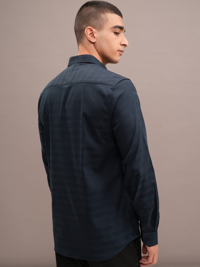 Highlander Men Navy Blue Striped Slim Fit Casual Shirt - Navy Blue - Image 3