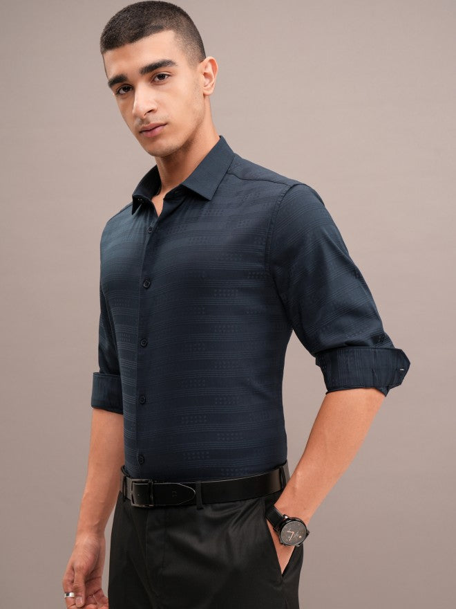 Highlander Men Navy Blue Striped Slim Fit Casual Shirt - Navy Blue - Image 4