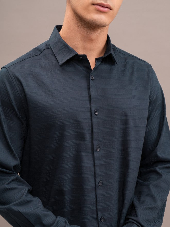 Highlander Men Navy Blue Striped Slim Fit Casual Shirt - Navy Blue - Image 5
