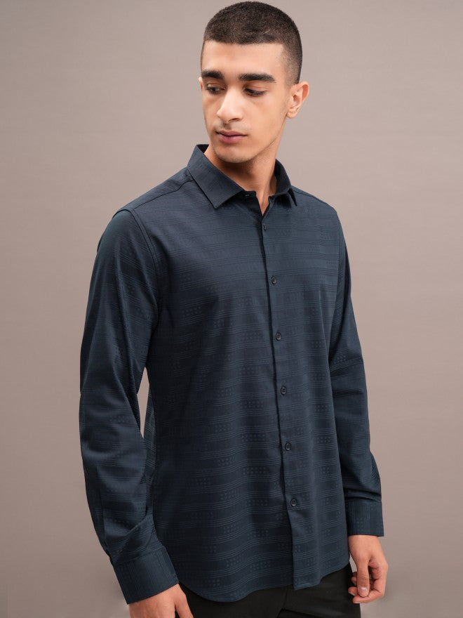 Highlander Men Navy Blue Striped Slim Fit Casual Shirt - Navy Blue - Image 6
