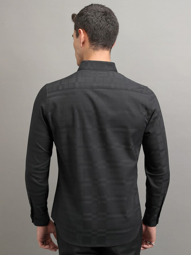 Highlander Men Black Textured Slim Fit Casual Shirt - Black - Image 3