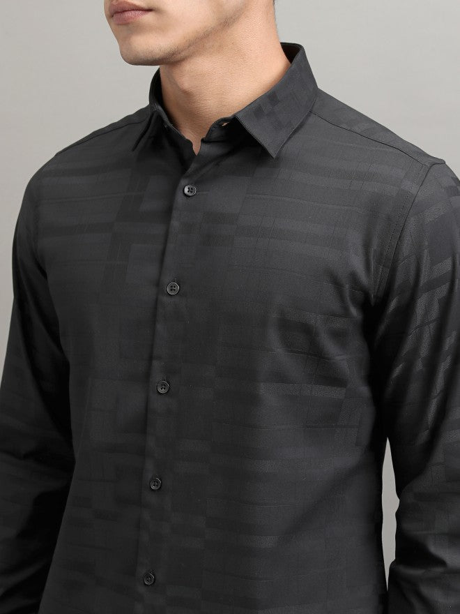 Highlander Men Black Textured Slim Fit Casual Shirt - Black - Image 5