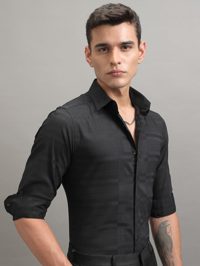 Highlander Men Black Textured Slim Fit Casual Shirt - Black - Image 6