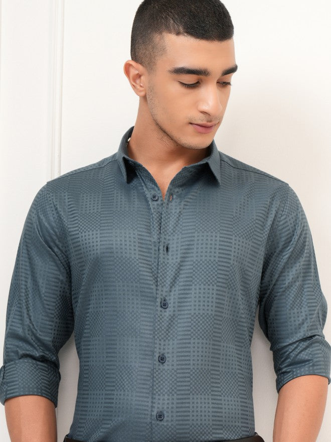 Highlander Men Teal Textured Slim Fit Casual Shirt - Teal - Image 1