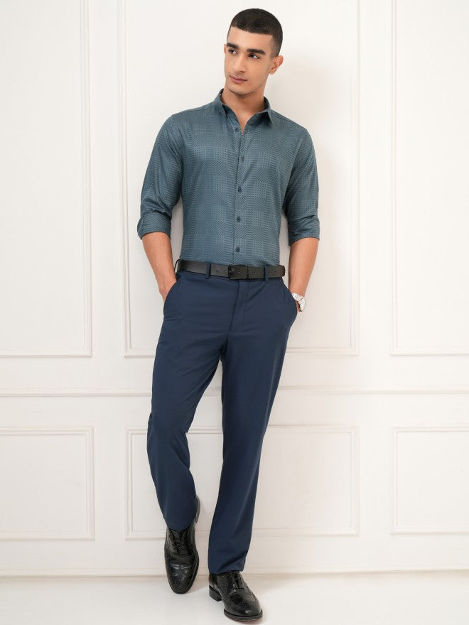 Highlander Men Teal Textured Slim Fit Casual Shirt - Teal - Image 2