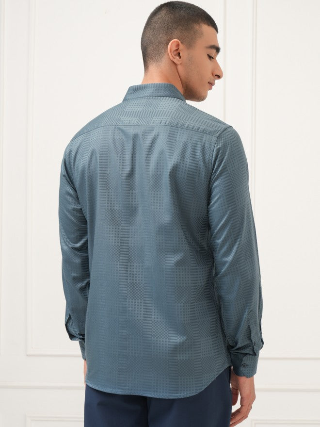 Highlander Men Teal Textured Slim Fit Casual Shirt - Teal - Image 3