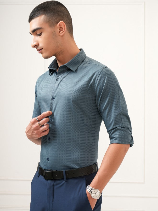 Highlander Men Teal Textured Slim Fit Casual Shirt - Teal - Image 4