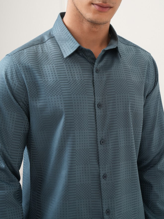 Highlander Men Teal Textured Slim Fit Casual Shirt - Teal - Image 5