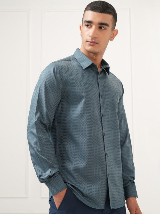 Highlander Men Teal Textured Slim Fit Casual Shirt - Teal - Image 6