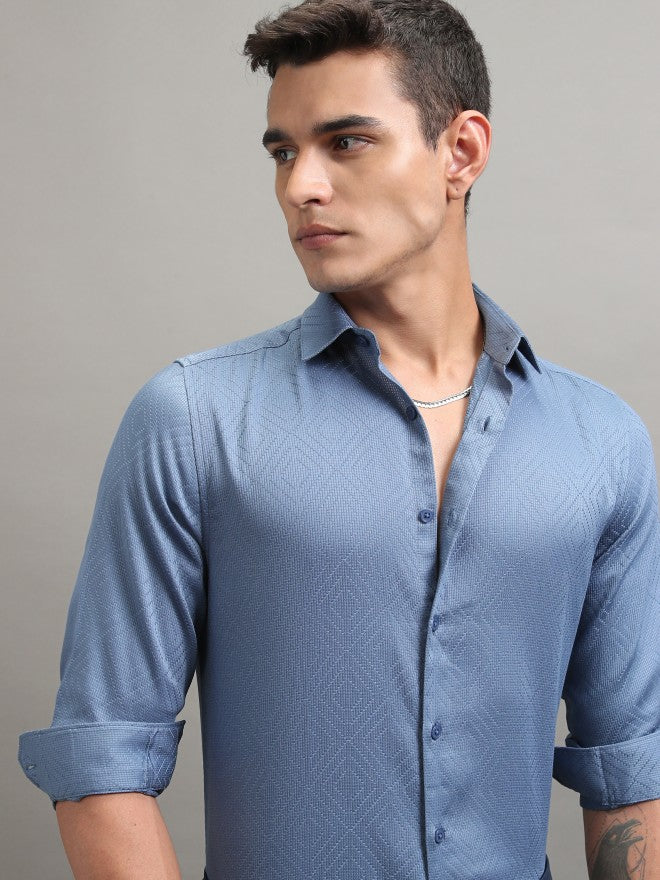 Highlander Men Blue Textured Slim Fit Casual Shirt - Blue - Image 1