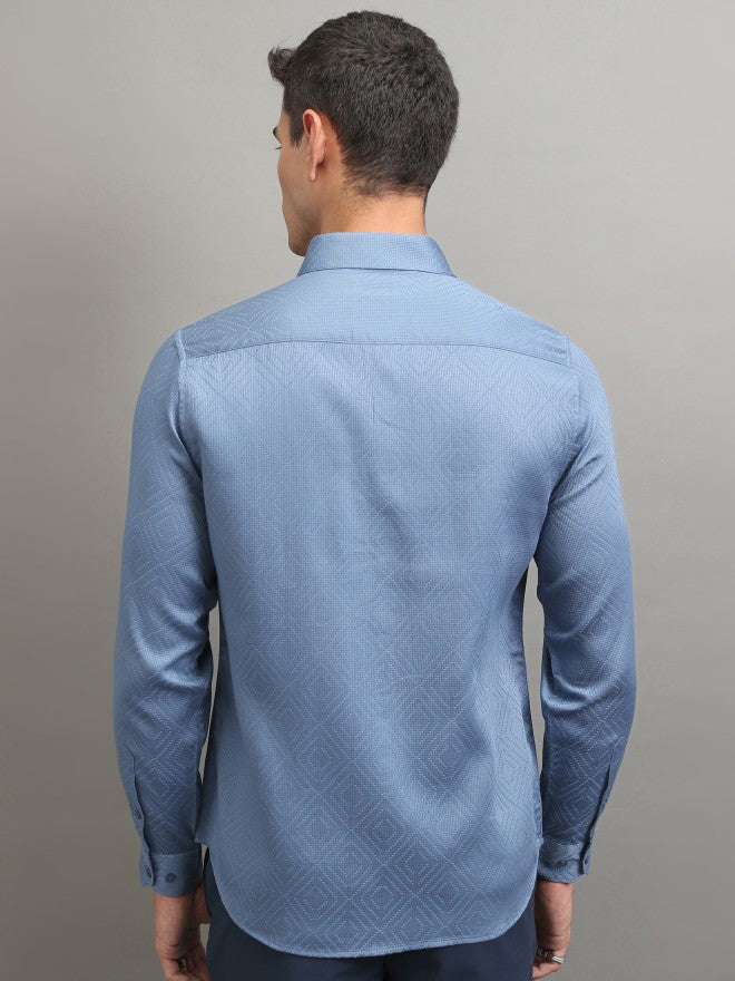 Highlander Men Blue Textured Slim Fit Casual Shirt - Blue - Image 3