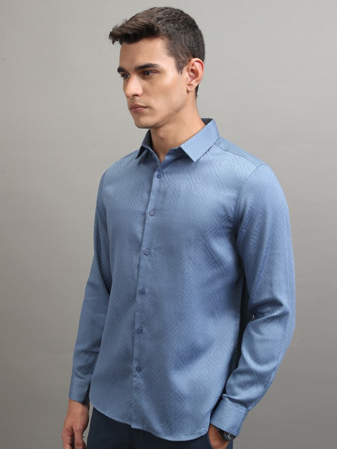 Highlander Men Blue Textured Slim Fit Casual Shirt - Blue - Image 4