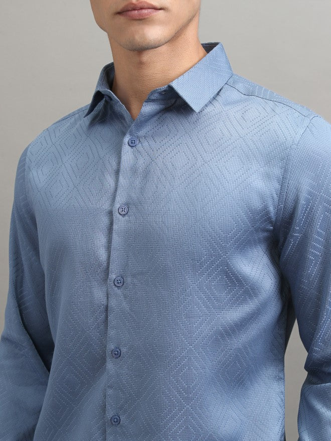 Highlander Men Blue Textured Slim Fit Casual Shirt - Blue - Image 5