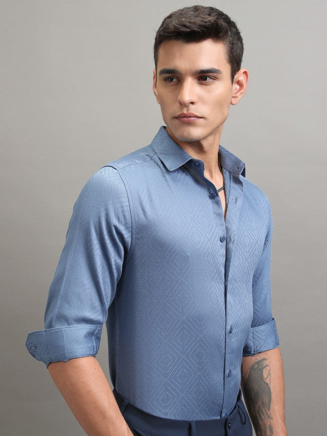Highlander Men Blue Textured Slim Fit Casual Shirt - Blue - Image 6