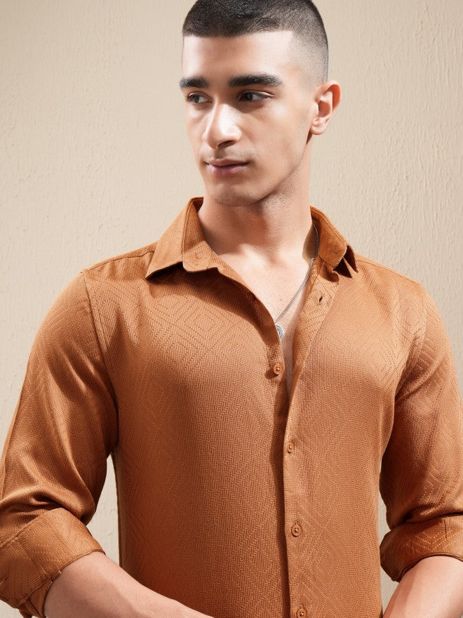 Highlander Men Brown Textured Slim Fit Casual Shirt - Brown - Image 1