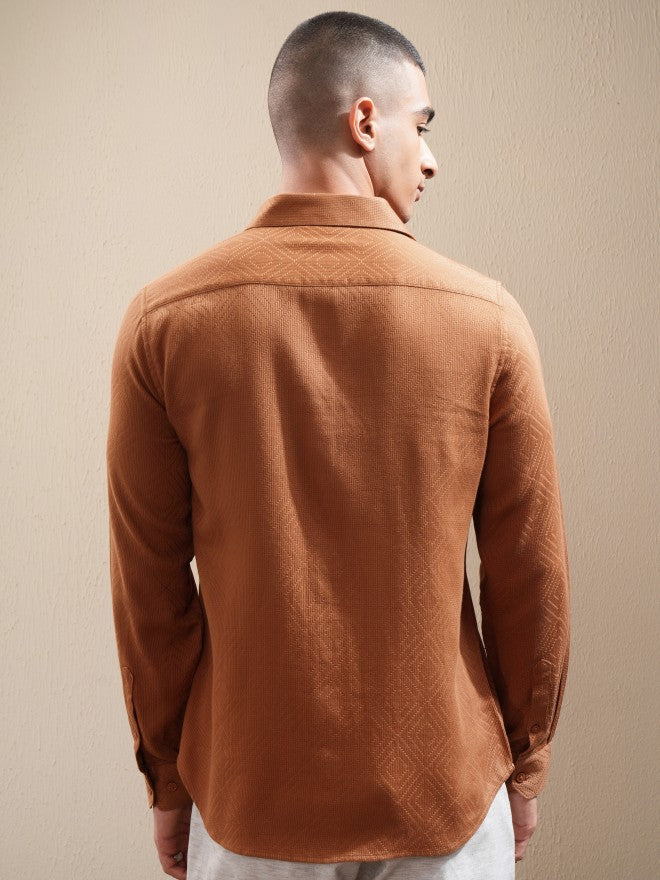 Highlander Men Brown Textured Slim Fit Casual Shirt - Brown - Image 3