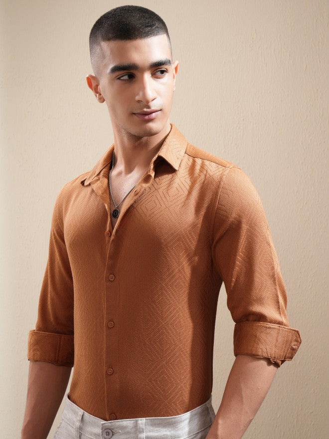 Highlander Men Brown Textured Slim Fit Casual Shirt - Brown - Image 4
