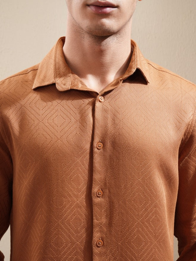 Highlander Men Brown Textured Slim Fit Casual Shirt - Brown - Image 5