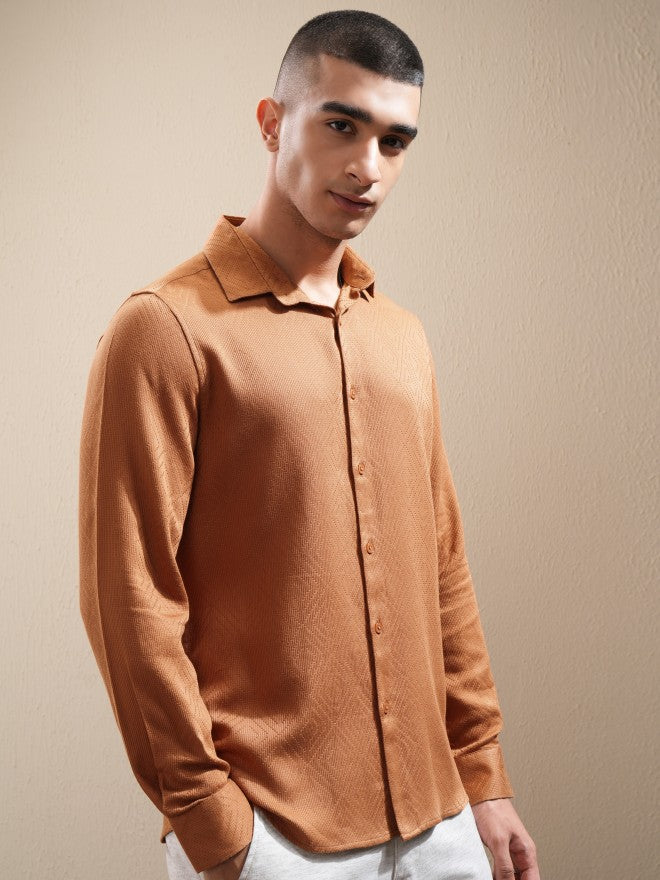 Highlander Men Brown Textured Slim Fit Casual Shirt - Brown - Image 6