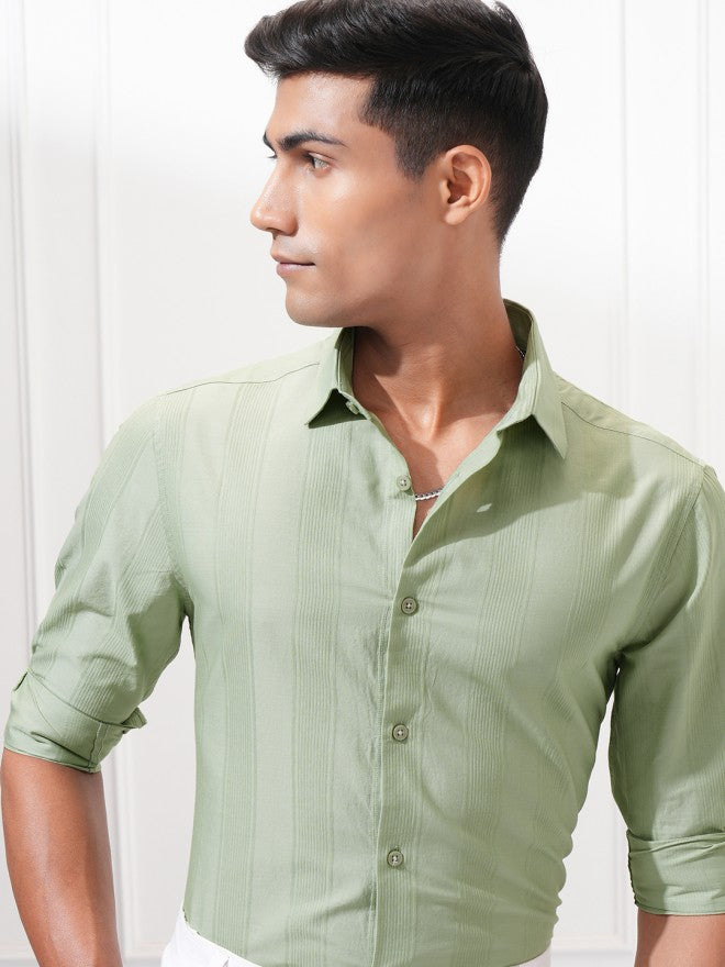 Highlander Men Green Striped Slim Fit Casual Shirt - Green - Image 1