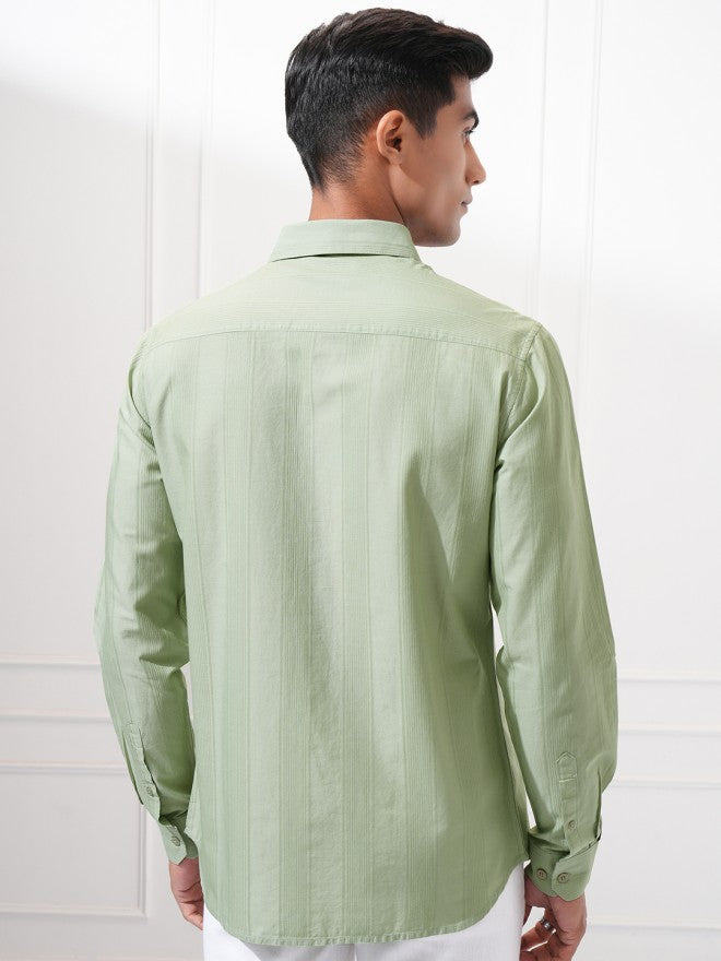 Highlander Men Green Striped Slim Fit Casual Shirt - Green - Image 3