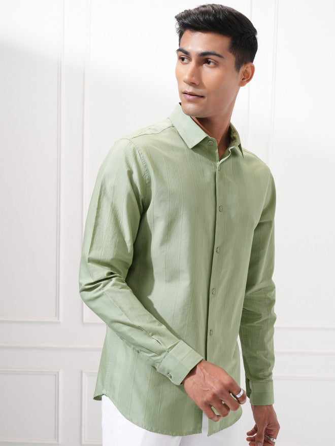 Highlander Men Green Striped Slim Fit Casual Shirt - Green - Image 6