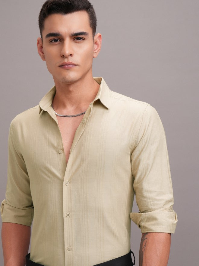 Highlander Men Beige Striped Slim Fit Casual Shirt - Beige - Image 1