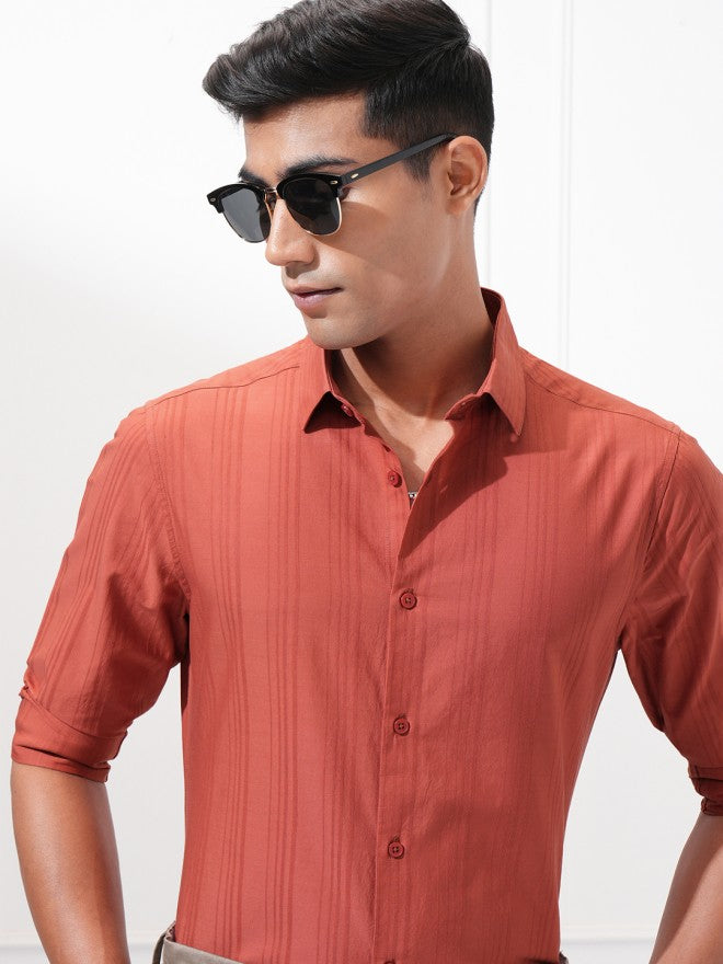 Highlander Men Rust Striped Slim Fit Casual Shirt - Rust - Image 1