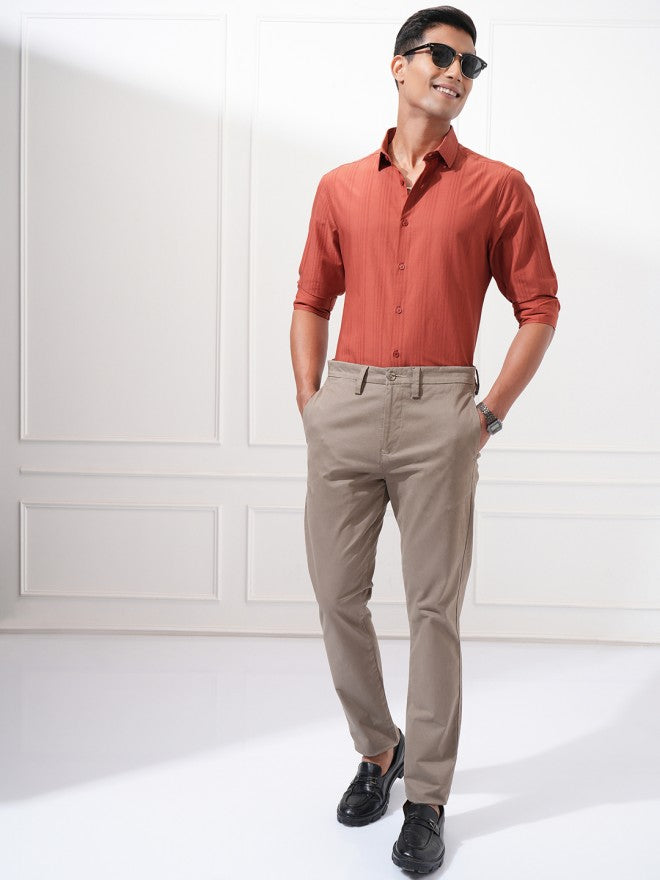 Highlander Men Rust Striped Slim Fit Casual Shirt - Rust - Image 2