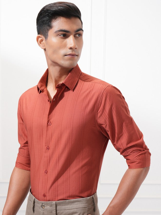 Highlander Men Rust Striped Slim Fit Casual Shirt - Rust - Image 4