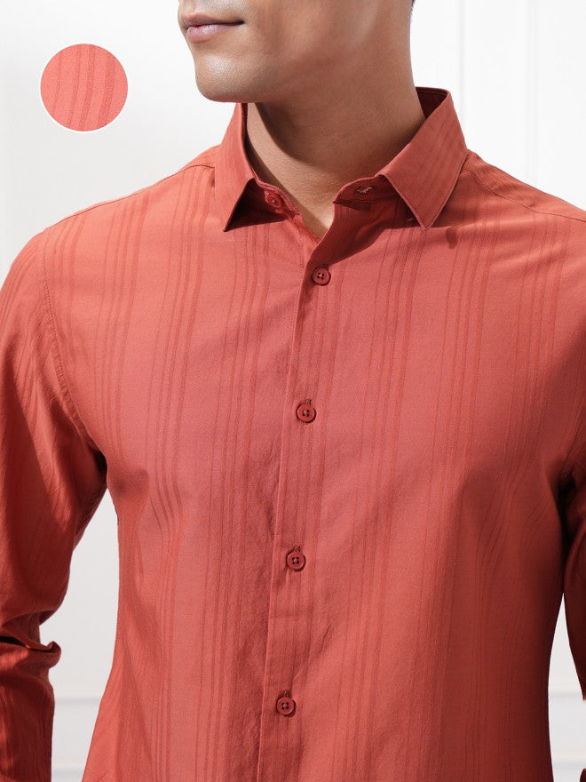 Highlander Men Rust Striped Slim Fit Casual Shirt - Rust - Image 5