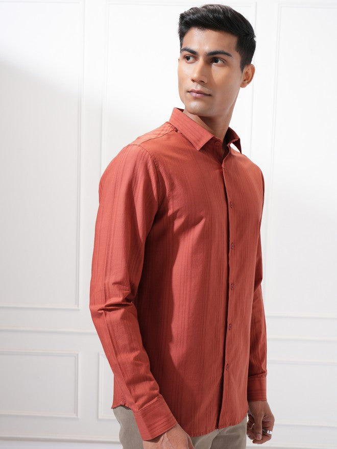Highlander Men Rust Striped Slim Fit Casual Shirt - Rust - Image 6