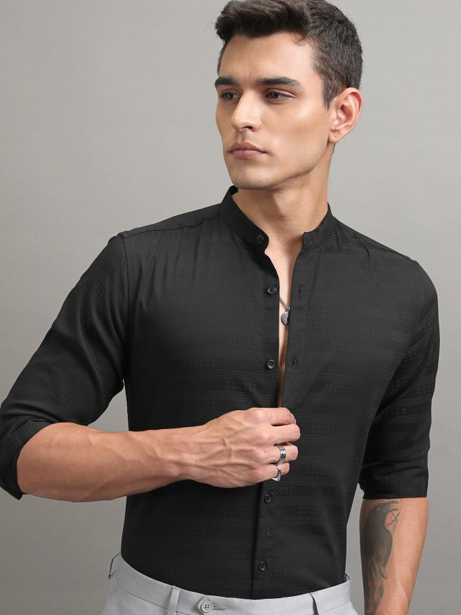 Highlander Men Black Striped Regular Fit Casual Shirt - Black - Image 1