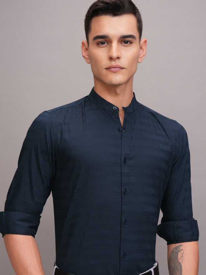 Highlander Men Navy Blue Striped Regular Fit Casual Shirt - Navy Blue - Image 1